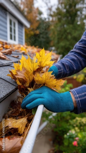 House maintenance removing autumn leaves from gutters home exterior preparation fall season