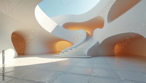 Fototapeta Naklejka Na Ścianę i Meble -  Modern futuristic architecture design 3d render with curved walls, stairs, daylight, empty space. Minimalist interior background for creative design, real estate, construction, building.
