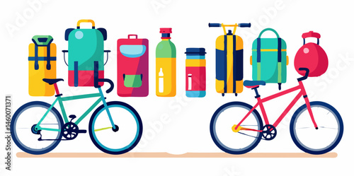 Set of different bicycle and accessories for cycling images. Colorful cartoon icons isolated on white background. Vector illustration.