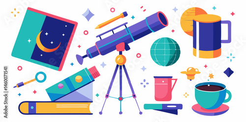 Set of different astronomer's tools images. Colorful cartoon icons isolated on white background. Vector illustration.