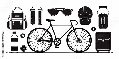 Set of different bicycle and accessories for cycling icons. Flat images isolated on white background. Vector illustration.