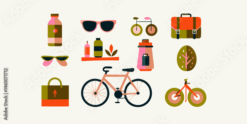 Set of different bicycle and accessories for cycling images. Flat colorful isolated icons. Vector illustration.