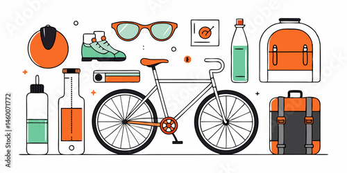Set of different bicycle and accessories for cycling icons. Flat images isolated on white background. Vector illustration.