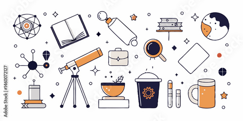 Set of different astronomer's tools line icons. Flat images isolated on white background. Vector illustration.