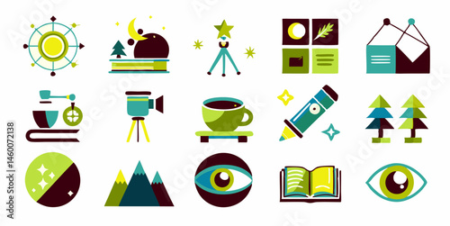 Set of different astronomer's tools images. Flat colorful isolated icons. Vector illustration.