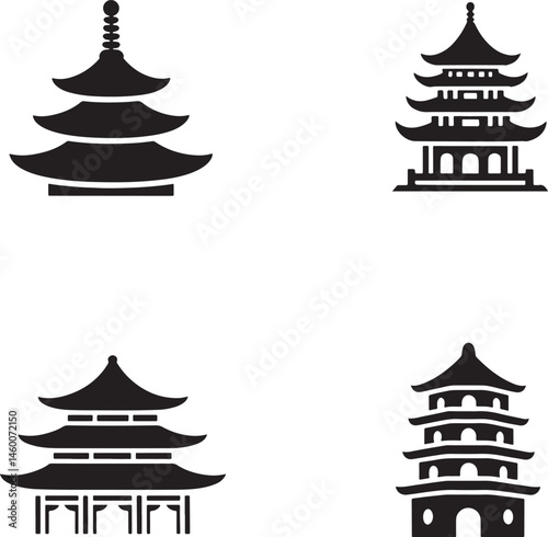 Chinese pagodas silhouette set vector illustration isolated On Transparent Background