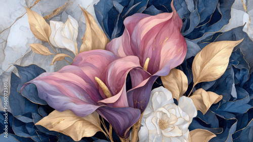 Elegant decorative soft pastel burgundy calla flower with gold accents and marble background in 3D oil painting style for modern wall art and interior design