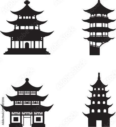 Chinese pagodas silhouette set vector illustration isolated On Transparent Background