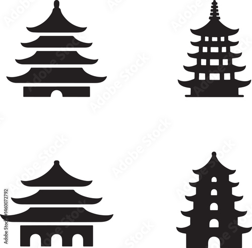 Chinese pagodas silhouette set vector illustration isolated On Transparent Background
