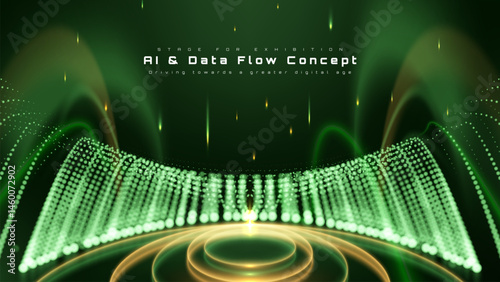 Futuristic technology background with green glowing dots elements on dark scene, stage design concept for future technology exhibition. Vector illustration.