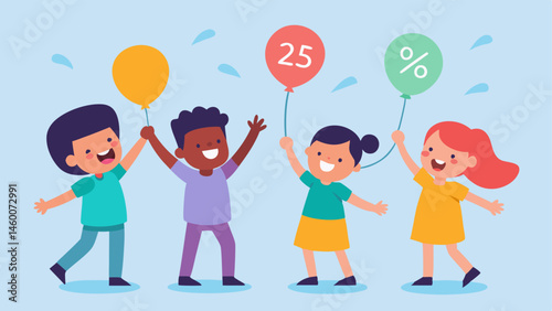 Playful Poppers Children laughing and using harmless poppers to burst balloons with surprise discounts like 25% OFF joyfully tering around them.