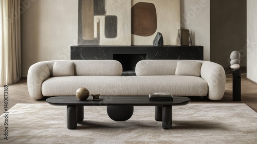 Modern living room with beige sofa and coffee table. Interior design photo