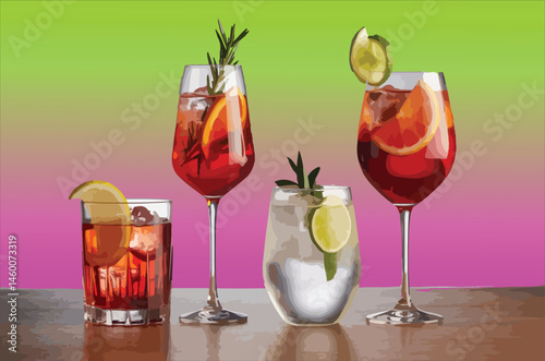 Set of Hand Drawn Alcohol Drinks on Color Backgrounds