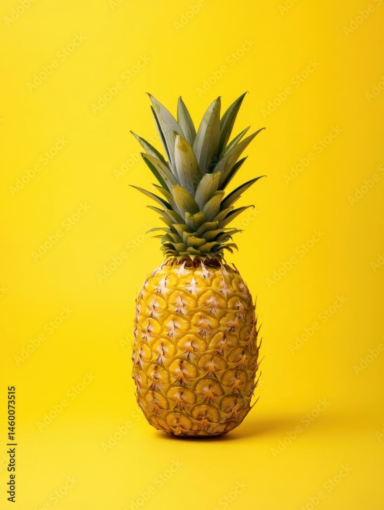 Close-up of a pineapple on a bright yellow background. the pineapple is in the center of the image, with its head facing towards the left side of the frame. Close-up of a pineapple on a bright yellow background. the pineapple is in the center of the image, with its head facing towards the left side of the frame.