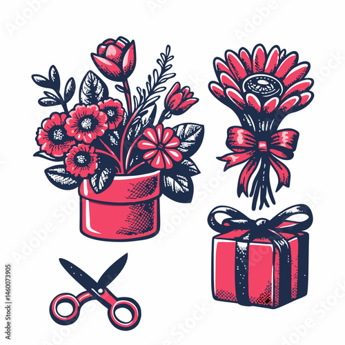 Hand drawn flowers and florist tools collage. Vintage style. Vector illustration.