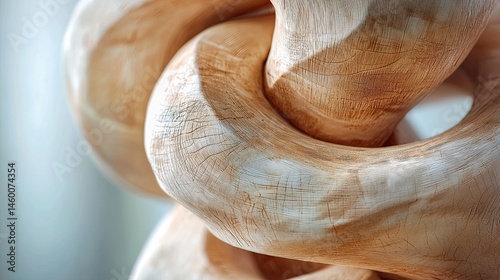 Intricate wooden rings, close-up view of carved wood links.  A detailed carving showcases the natural wood grain, creating a modern sculpture