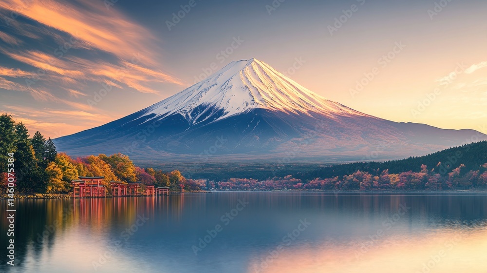 Fototapeta premium An ultra-realistic, high-resolution landscape photograph of Mount Fuji, Japan most iconic peak under a vibrant sky