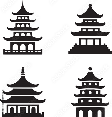 Chinese pagodas silhouette set vector illustration isolated On Transparent Background