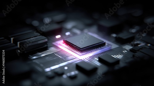 Close-up of Illuminated Microchip on Circuit Board: Technology Concept