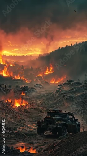 Ruins of a war torn landscape with burning vehicles and chaos amidst a fiery sunset in a desolate area