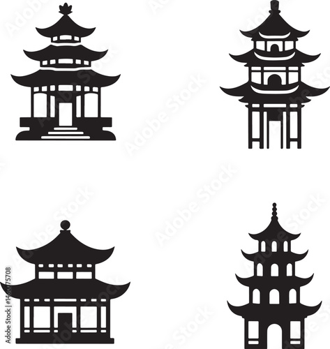 Chinese pagodas silhouette set vector illustration isolated On Transparent Background