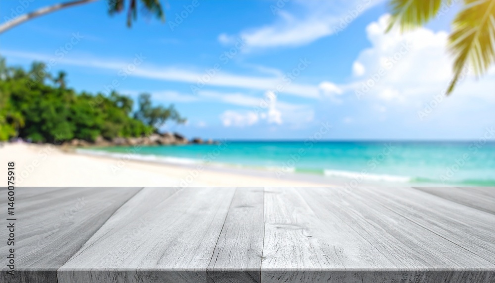 tropical beach with an empty table surface for product placement