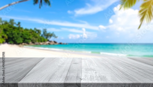 Obraz na płótnie tropical beach with an empty table surface for product placement w salonie