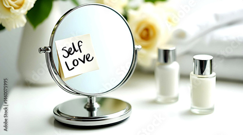 Round Mirror Reflecting Self Love Sticky Note in Bathroom