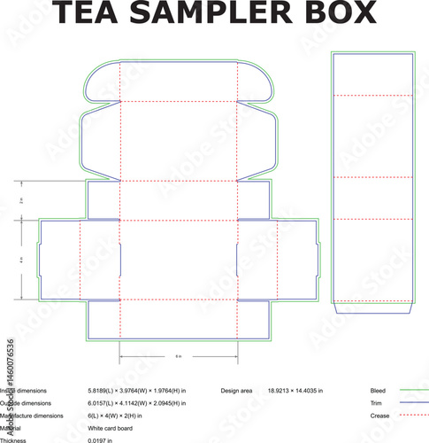 Tea Sampler Box Die Cut Template Packaging Design Technical Drawing Vector