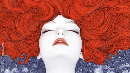 Serene woman with vibrant red hair, eyes closed, surrounded by swirling blue water-like patterns