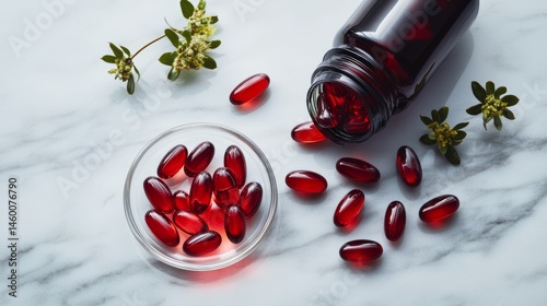 Elegant flat lay showcasing natural krill oil supplements arranged on marble background