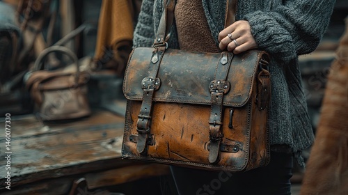 Handcrafted leather messenger bag.  Used, weathered look