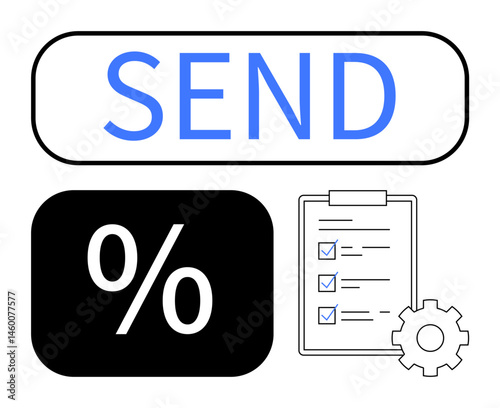 SEND button, percentage symbol inside black rectangle, checklist with checkmarks, and gear icon. Ideal for communication, productivity, task management, email calculation efficiency workflow. Flat