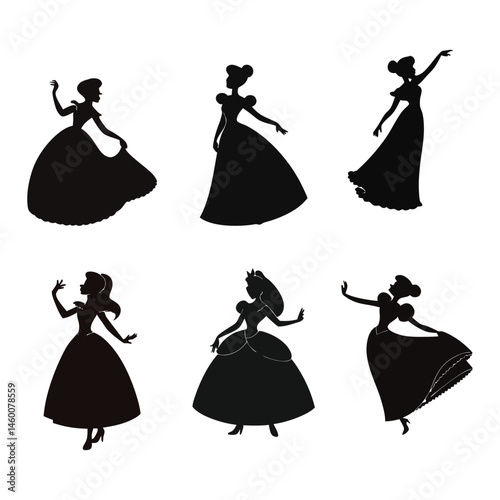 elegant princess silhouette vector set in fairy-tale poses with flowing gowns and tiaras on clean white background