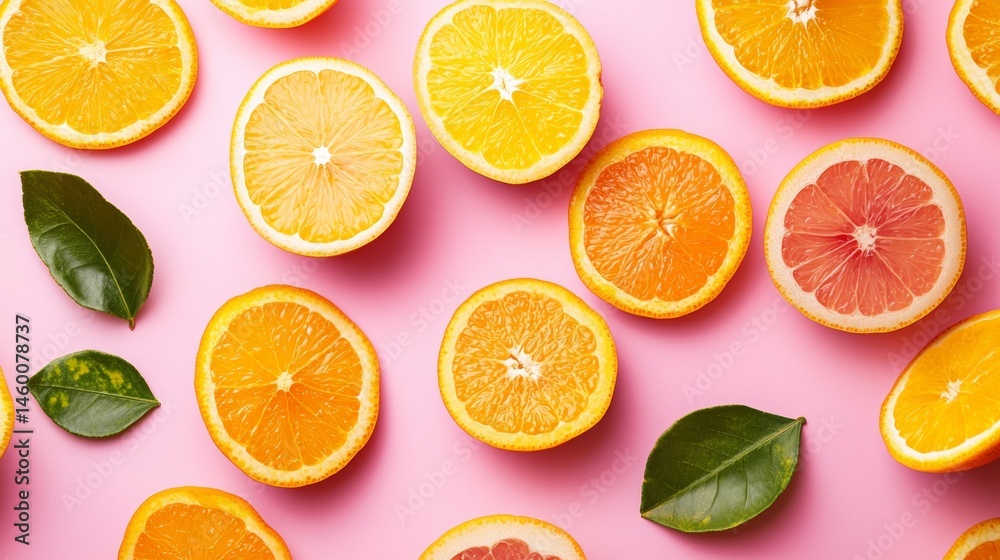 Fototapeta premium Sliced oranges and grapefruit with leaves for summer citrus background flatlay fresh vitamin design concept