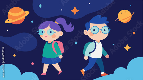 Playful Adventure Two young characters one with pigtails and a backpack and the other wearing glasses excitedly walk through a whimsical wall decorated with cartoon illustrations