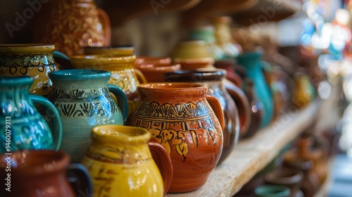 Colorful ceramic pots on display in market for traditional crafts decor clay handmade artisan heritage