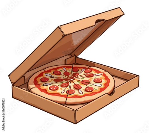 Delicious pizza in an open delivery box  