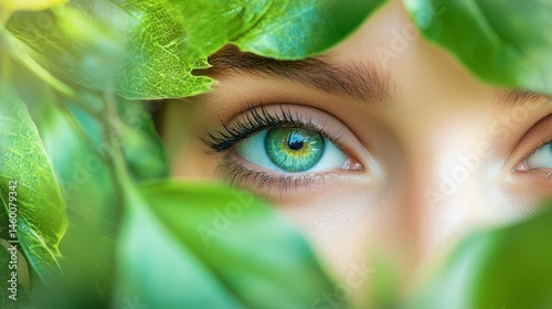 Close-up of woman green eye in foliage for nature portrait beauty mystery environment natural background