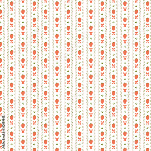 Summer seamless pattern with strawberry bow and flower.