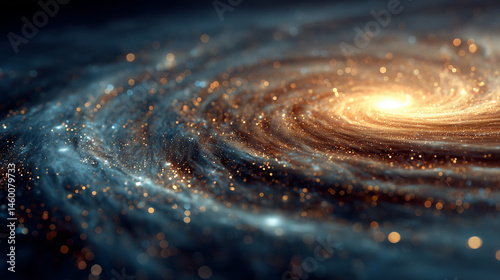 Illustrated galaxy in digital style with hues of blue and orange in space