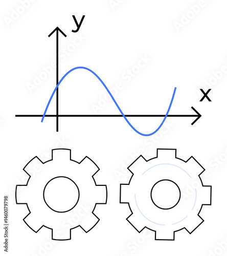 Sinusoidal wave on X-Y graph above two interconnected gears. Ideal for analytics, mechanics, engineering, mathematics, process flow, optimization, and simple landing page