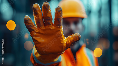 Obraz na płótnie close-up of a worker in safety gear extending a gloved hand in a stop gesture. w salonie