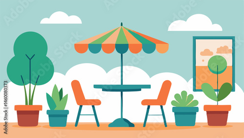 Outdoor Furniture Area A cozy patio set featuring a table and chairs surrounded by plants adorned with large SALE signs that hint at great deals to be had.