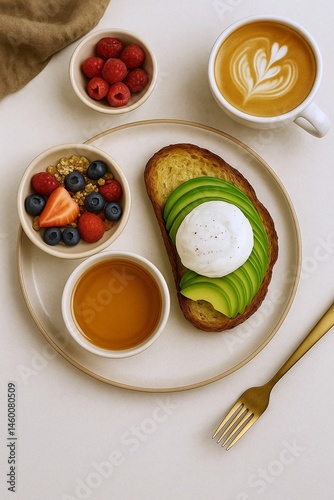 Wallpaper Mural Breakfast is served on a light plate: toast with sliced ​​avocado and a poached egg sprinkled with black pepper. Nearby are small bowls of honey and granola with berries. A cup of cappuccino  Torontodigital.ca
