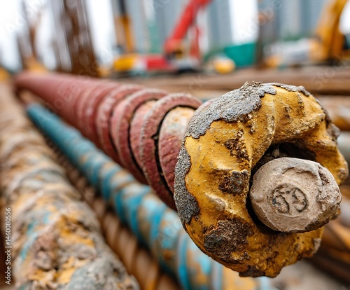 A drill bit with a dull grey head sits on the end of a series of connected metal tubes.