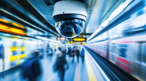 Surveillance Camera Monitoring Subway Platform with Blurred Motion of Train and Passengers