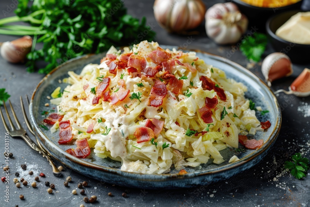 cabbage salad with mustard mayonnaise, crispy bacon, garlic, onion, and fresh herbs styled as a gourmet dish for food photography cabbage salad with mustard mayonnaise, crispy bacon, garlic, onion, and fresh herbs styled as a gourmet dish for food photography
