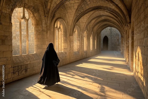 back view figure of catholic nun walking in dimly lit stone hallway, soft light from side windows illuminating ancient structure, emphasizing faith, silence, and reflection