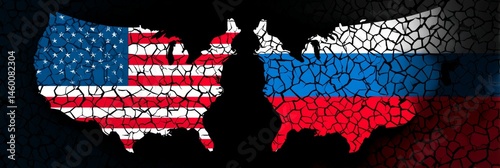 US Russia Geopolitical Conflict Fractured Map - A fractured map symbolizes the strained US-Russia relationship, depicting division, tension
